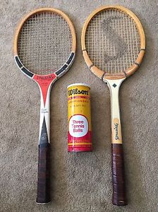 2 Spalding  Pancho Gonzales Tennis Racquets & Empty Wilson Tennis Ball Can