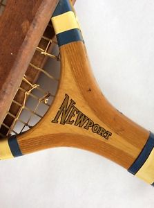 Old Antique Wooden Tennis Racquet E Kent Newport Blue Ribbons USA Rhode Island