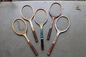 VTG lot 5 wooden tennis racquets Spalding Chemold wood Autograph racket wall art