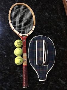 Mid Century Wilson Capri Wood Tennis Racket Plaid cover ball pocket Starburst