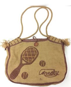 Carnaby Tennis Racquet Bag Retro Mod Tote Burlap Weave Vinyl Lining VTG