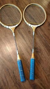 Two Vtg Wooden Badminton Racquet Leather Grip Professional model silver flight