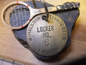 Vintage Brass tag Wimbledon LONDON LOCKER,6 tag and tiny Wooden Tennis Racket