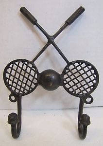 Vintage Badminton Tennis Raquet Double Hanger Hook wall mount keys metal