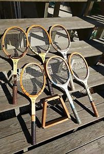 Vintage Antique Wooden Tennis Racquet Lot of 6 & Press Strung Wilson Dunlop More