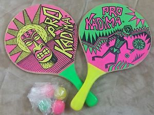 Pro Kadima Paddle Ball Neon 80s Tiki Graphics Beach Paint Wooden Smash Racquet