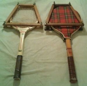 Set of 2 Wooden Wilson Tennis Racquets and Holders + One Soft Case
