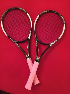 TWO Prince TRIPLE THREAT BANDIT MIDPLUS 95 NEWLY STRNG TENNIS RACKETS 4-1/2  GR