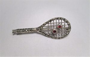 Vintage 925 Sterling Marcasite Garnet Gemstone Tennis Racket Pin Brooch EM824