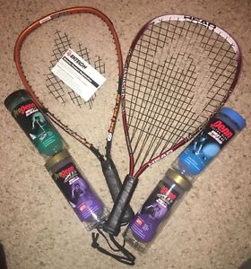 RACQUETBALL EQUIPMENT- 2 RAQUETS:1 NEW WITH TAGS,1 BARELY USED, 4 CANS NEW BALLS