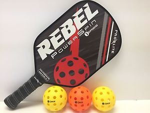 PRO LITE REBEL POWERSPIN PICKLEBALL PADDLE WITH 3 ONIX PURE 2 OUTDOOR BALLS