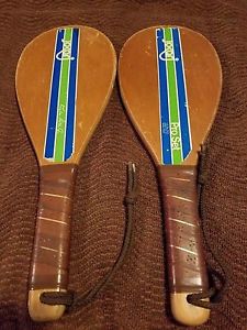 Jokari Pro Set Wood Racquet Ball Paddles Kyle Rote Jr Vintage 1970s Free Ship!