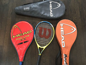 4 Racquet lot with 3 carrying cases. HEAD AGASSI 23, Wilson, Head Mid Plus