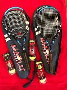 BABOLAT PURE DRIVE TEAM TENNIS RACKET (2 RACKETS, New BALLS, AND 2 BAGS)