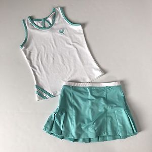 Little Miss Tennis Outfit White Teal Blue Shirt Tank Top Pleated Skirt XS NEW
