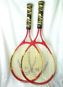 Head Crush 25 TENNIS RACQUETS Red,Yellow,Black *LOT OF 2* Matching Pair EUC