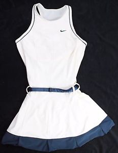 Nike Tennis Dress S 4-6 Cream Navy Blue Belt Built in Bra Mesh Panel