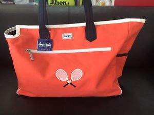 Ame & Lulu KENSINGTON CROSSED RACQUET COURT Tennis Bag, Coral/Navy, New!