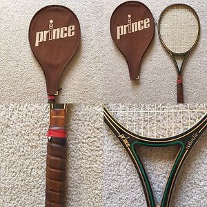 1980's Prince Woodie Graphite Brown Wooden Tennis Racket and Cover 4 1/2