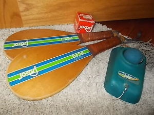 Vintage 1970's Jokari Pro Set Wood Racquet Ball Paddles Kyle Rote Jr Base & Ball