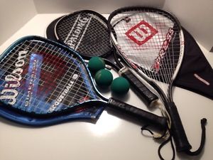 Lot Of 3 Racquet Ball Rackets Wilson Dimension + Xpress & Spalding 3 Balls Great