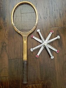 Vintage Spalding  Riviera Wood Tennis Racket w/ Zephyr France Metal Racket Press