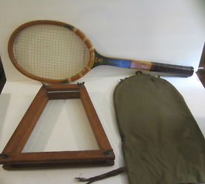 Vintage Spalding Lamina Wood Tennis Racquet, Oak Press & Canvas Cloth Bag.