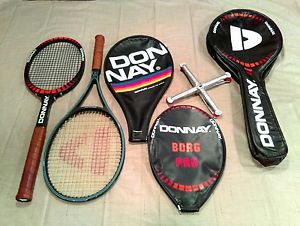 Vintage DONNAY Borg Pro & DONNAY CGX 25, head covers, Borg Pro case, and press