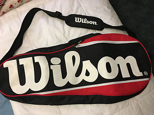 NWOT Wilson Tennis Equipment Bag Black Red White 28 x 12 x 3.5 Holds 3 Rackets