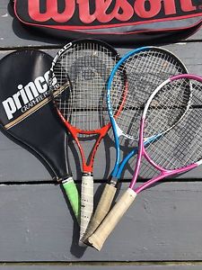 Lot Of 4 Tennis Racquets And Case. Prince, Dunlop, Head, And Wilson Bag