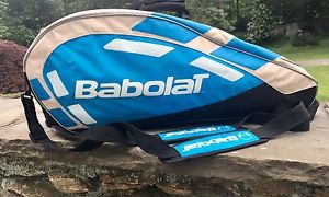 BABOLAT  6  RACQUET TENNIS BAG  EX COND DOUBLE STRAP  BLUE BLACK GRAY & WHITE