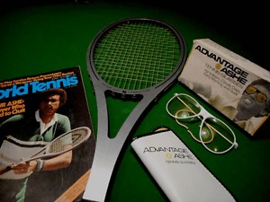 VINTAGE HALL OF FAMER ARTHUR ASHE TENNIS LOT...RACKET- 1979 MAG.- TENNIS GLASSES
