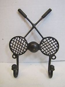 Vintage Badminton Tennis Raquet Double Hanger Hook wall mount keys metal