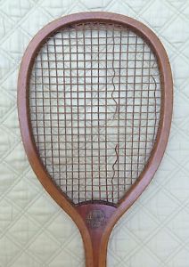 ANTIQUE SPALDING & BROS TRANS FLAT SOLID WEDGE CHECKERED GRIP WOOD TENNIS RACKET
