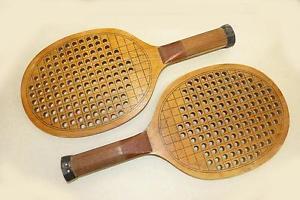 PAIR VINTAGE TENNETTE PADDLE PLATFORM TENNIS RACQUETS - LAMINATED & PERFORATED