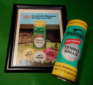 RARE UNOPENED CAN OF SLAZENGER nylon-armoured TENNIS BALLS with original ad!