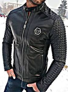 New Philipp Plein Men's Jacket Fashion Leather Jacket Size:XL Men's Black