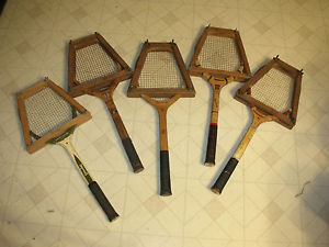WOODEN TENNIS RACQUETS,LOT OF FIVE DIFERENT NAME BRANDS.PRESSES INCLUDED.