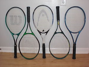LOT 5 Tennis Racquets HEAD WILSON DUNLOP TURBO Nice Rackets 4 1/2"  4 3/8"  VGC!