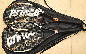 PAIR 2 PRINCE TRIPLE THREAT BANDIT TENNIS RACQUET WITH CASE 4-1/4 AND 4-3/8 110