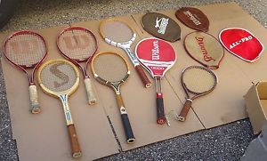 7 tennis racquets/case covers,wilson,slazenger,spalding,allpro,leather & plastic