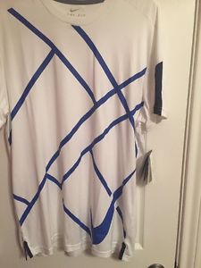Nike Men's Dri-Fit Court Graphic Crew Tennis Shirt White/Blue  644786-103 Sz L