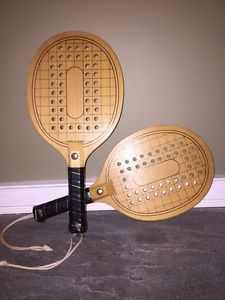 2 Vintage Platform Wood Tennis Racquet Racket Ball Paddles Wooden - Taiwan - GUC