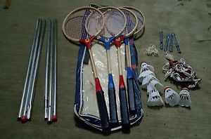 Gold grampus vintage badminton set 4 rackets 7 birdies net poles bag Complete