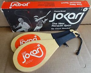 Pair Vintage Jokari Champ Model R Paddle Ball Wood Raquets Sport Wooden Box Set