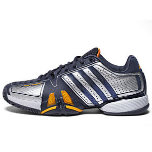 Adidas Baricade7 mens tennis shoe,Djokovic style,silver/dk blue/orange size101/2