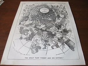 1879 Original POLITICAL CARTOON - TENNIS CRAZE As SPIDER WEB w/ Victims FLYS