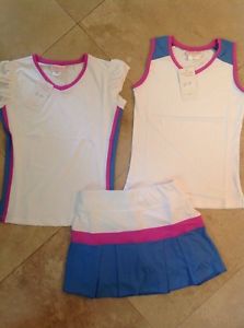 Little Miss Tennis girls Electric Blue Fuschia tops and tennis skirt Large 10-12