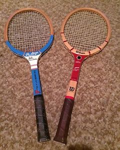 Lot of 2 vintage wooden wood tennis rackets Wilson Rawlings red blue EUC