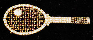 Tennis Pin [Costume Jewelry] Gold Tone with Clear & Black Rhinestones
